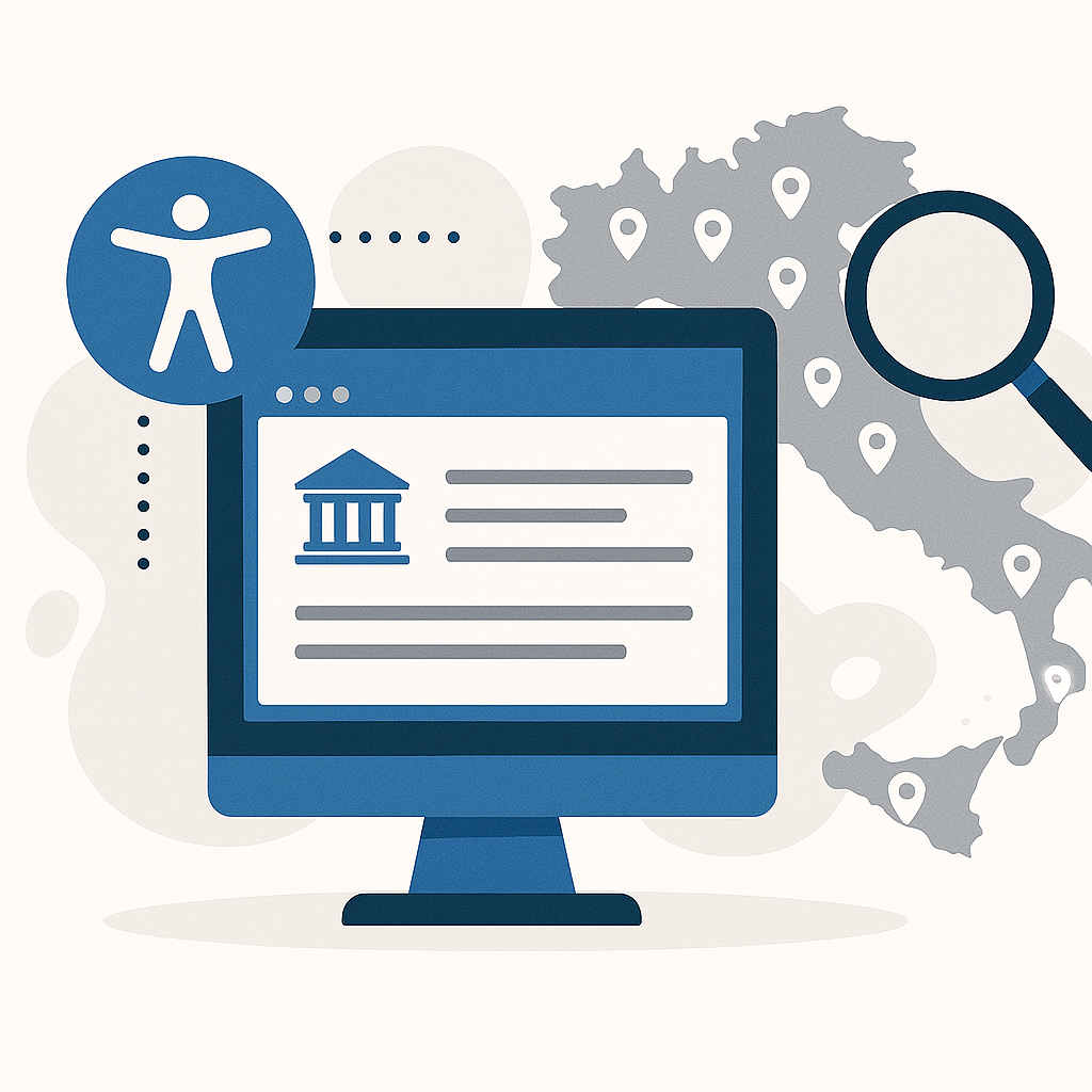 The image represent a computer screen with the accessibility icon and the Italian map