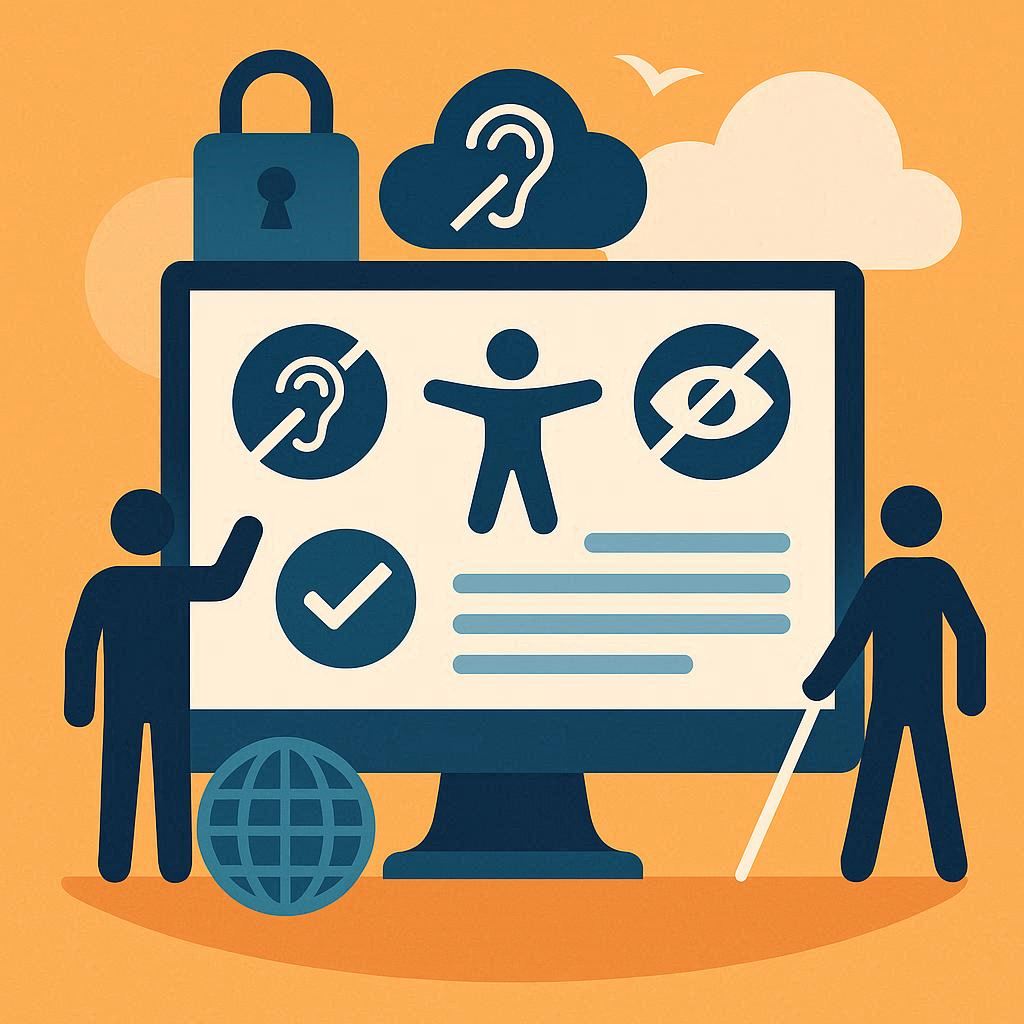 Image showing a person using a laptop with accessibility icons around